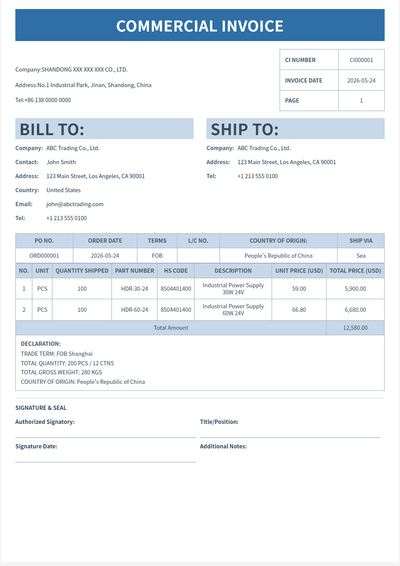 蓝顶网格 Commercial Invoice 模板预览