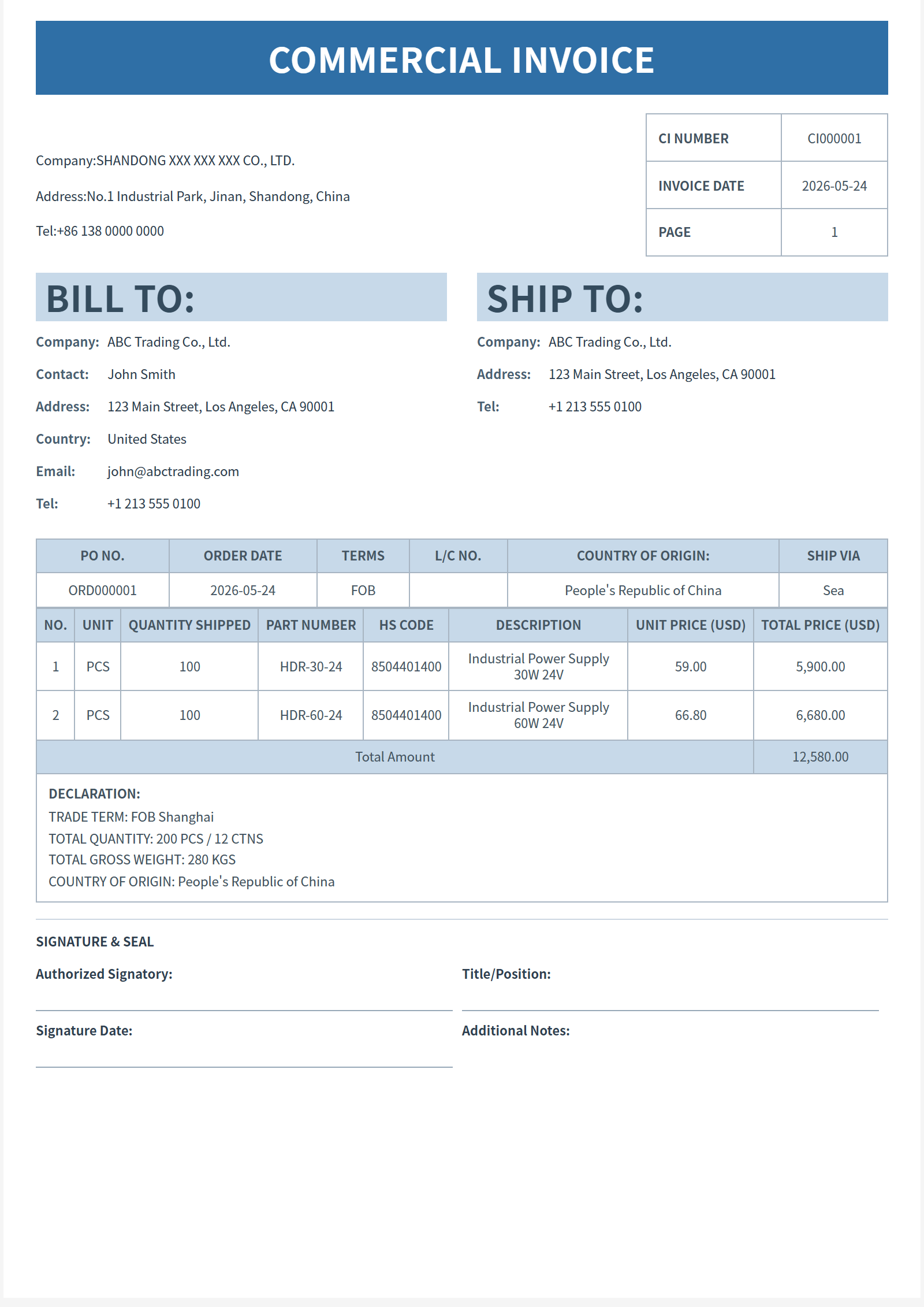 蓝顶网格 Commercial Invoice 模板大图预览