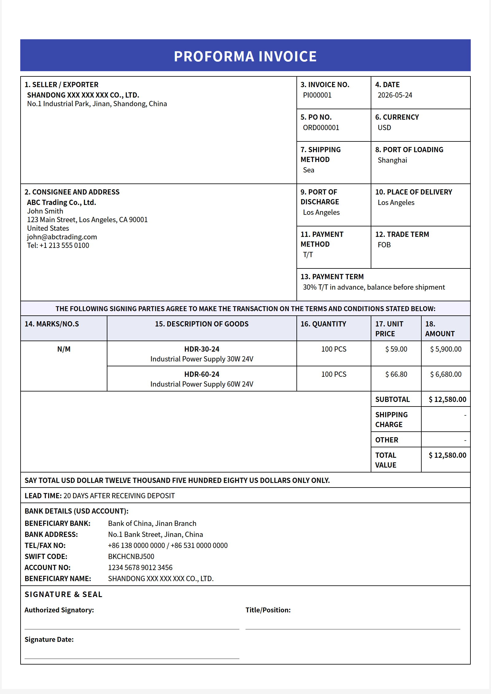 盒装网格 Proforma Invoice 模板大图预览
