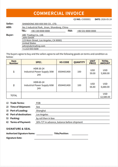 经典线条 Commercial Invoice 模板预览