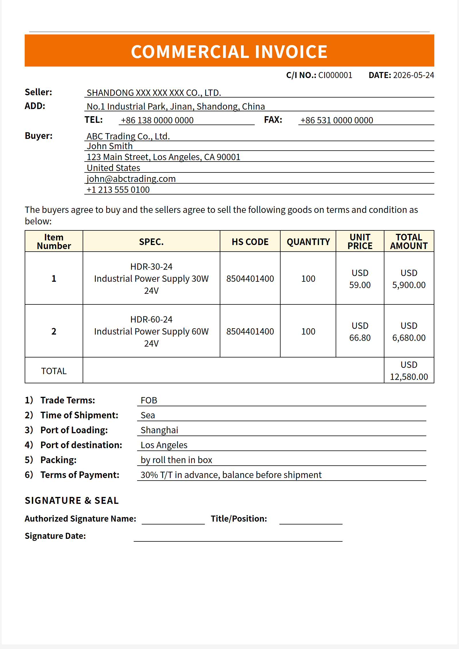 经典线条 Commercial Invoice 模板大图预览