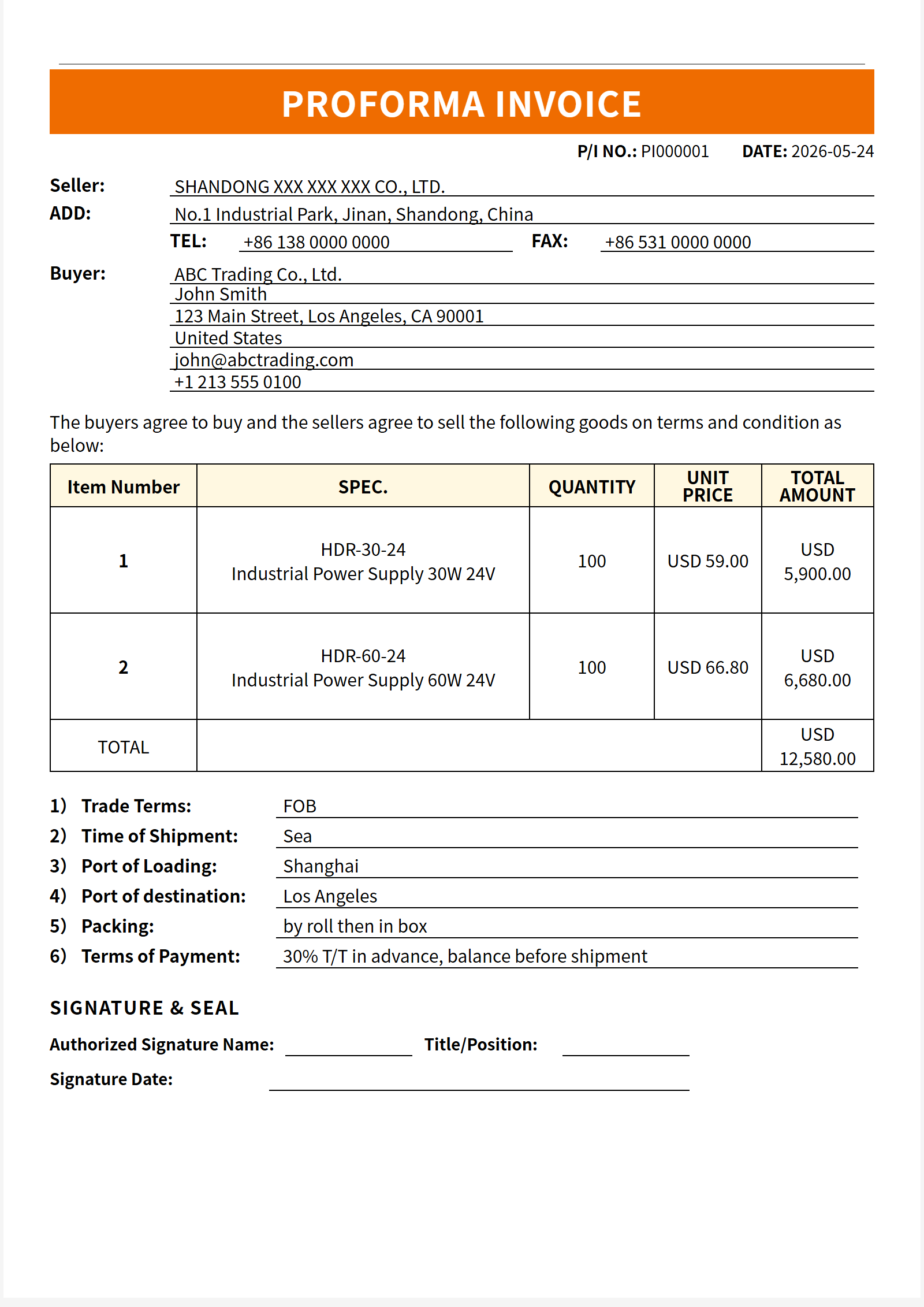 经典线条 Proforma Invoice 模板大图预览