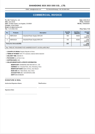 经典蓝 Commercial Invoice 模板预览
