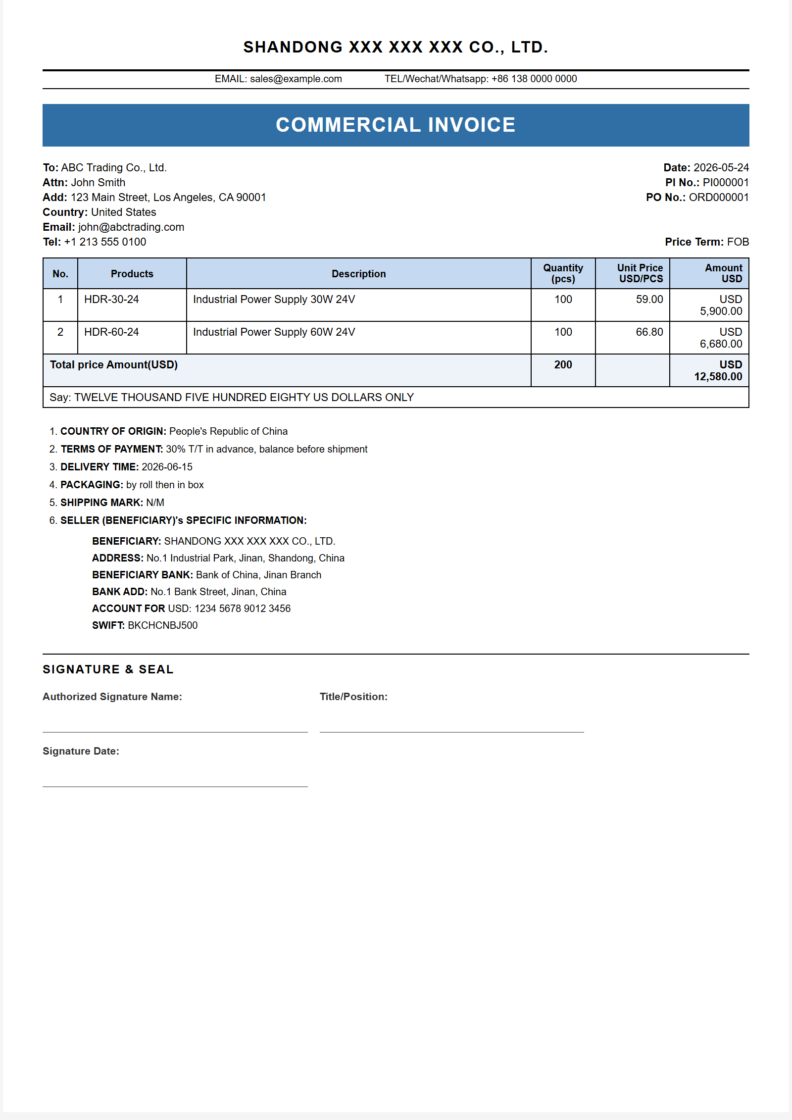 经典蓝 Commercial Invoice 模板大图预览