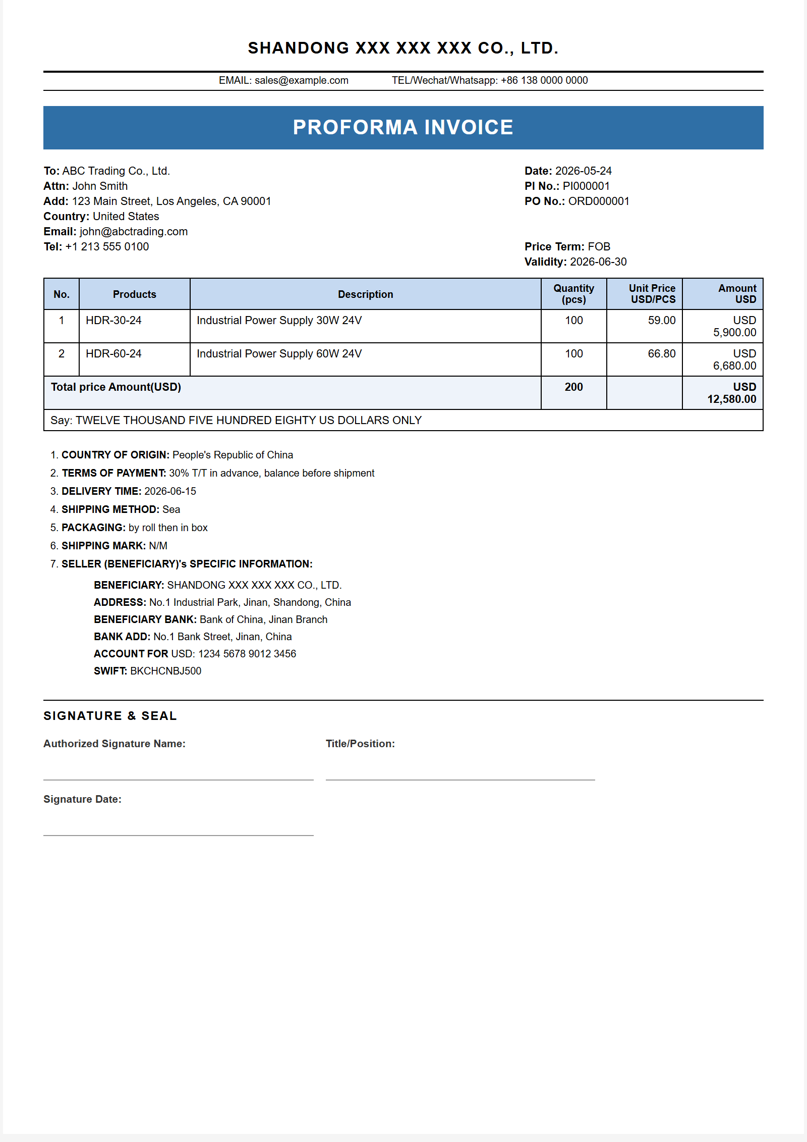 经典蓝 Proforma Invoice 模板大图预览