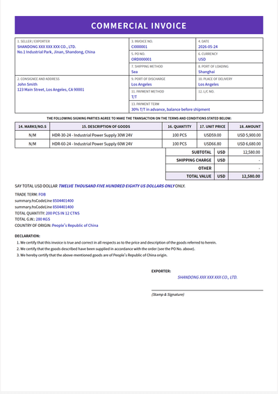 正式编号 Commercial Invoice 模板预览