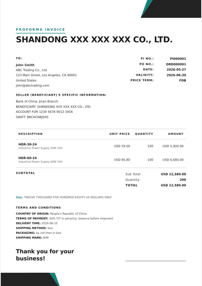 极简商务 Proforma Invoice 模板预览