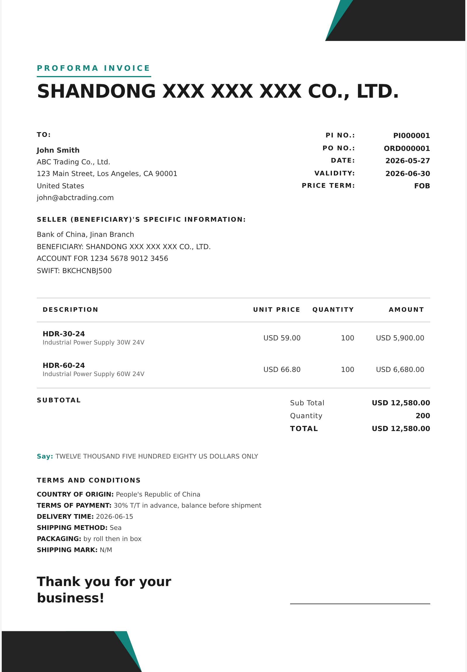 极简商务 Proforma Invoice 模板大图预览