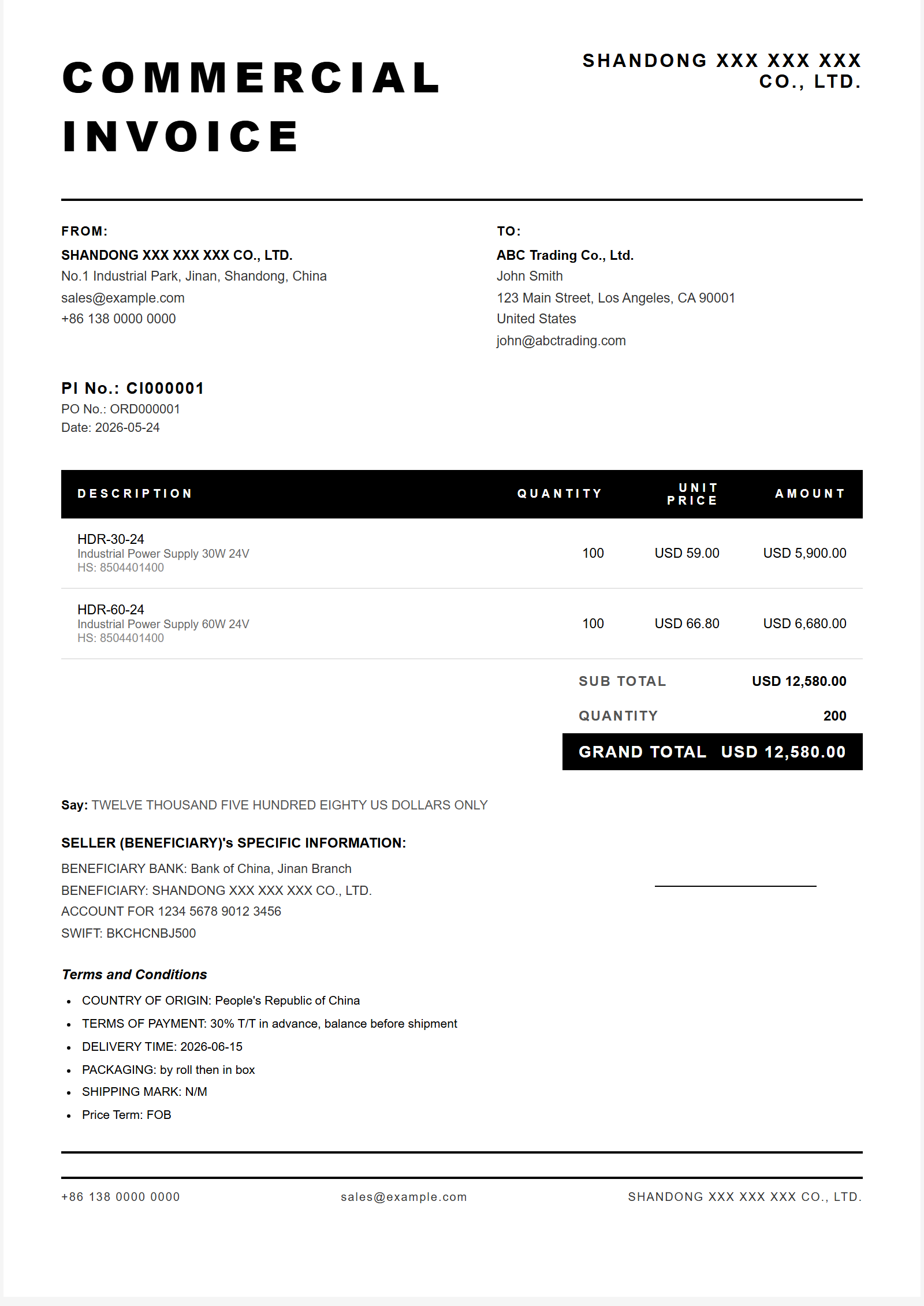 极简黑白 Commercial Invoice 模板大图预览