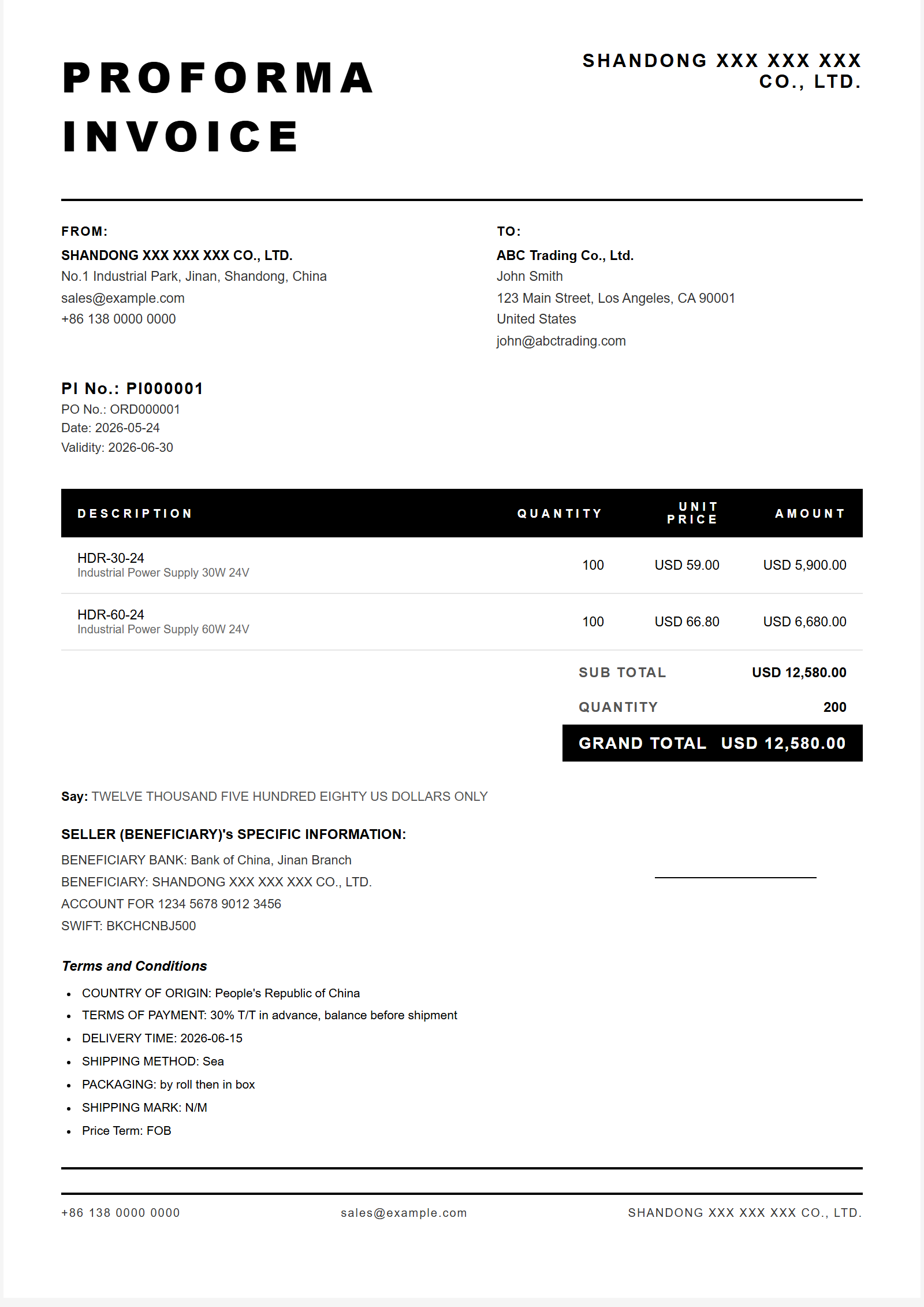 极简黑白 Proforma Invoice 模板大图预览