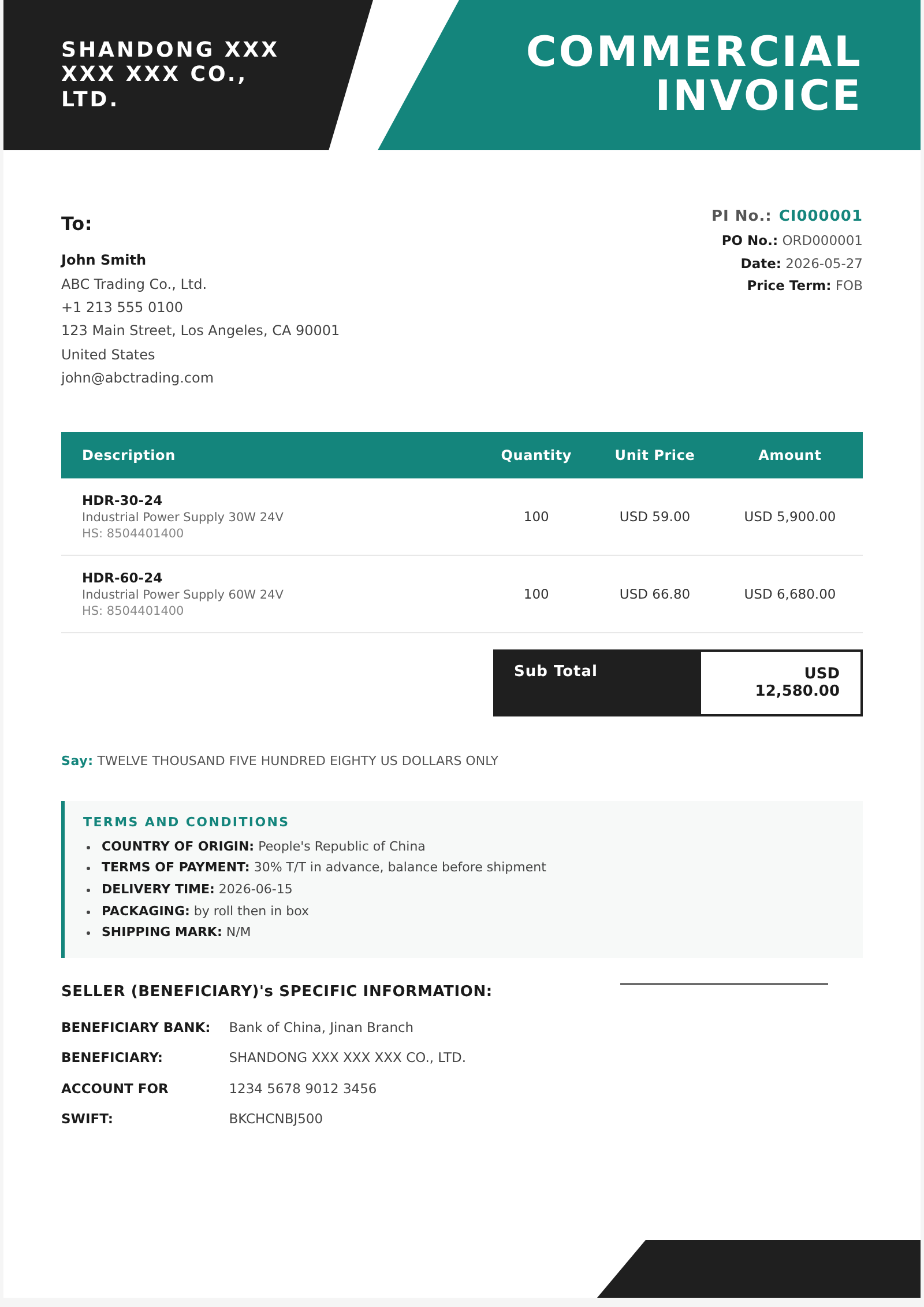 现代梯形 Commercial Invoice 模板大图预览