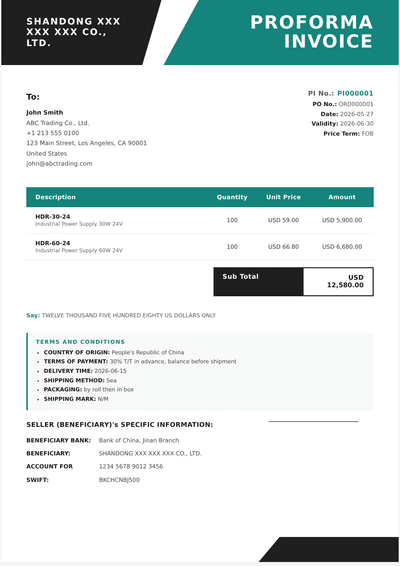 现代梯形 Proforma Invoice 模板预览