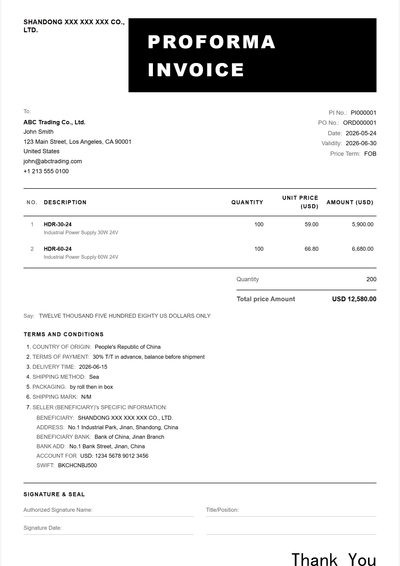 单色印章 Proforma Invoice 模板预览
