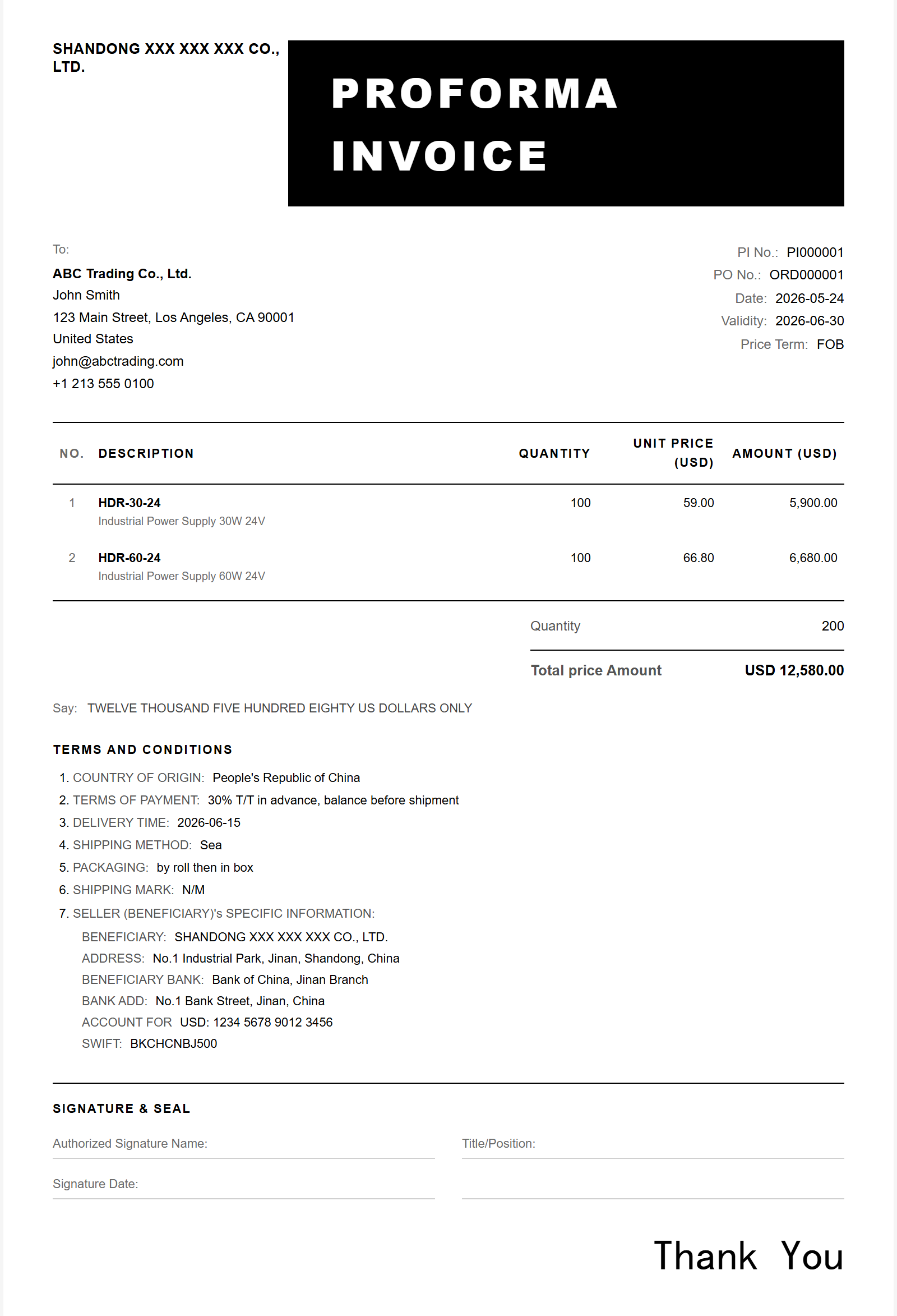 单色印章 Proforma Invoice 模板大图预览