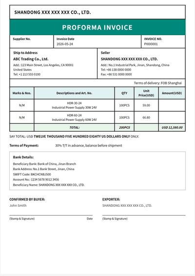 简约边框 Proforma Invoice 模板预览