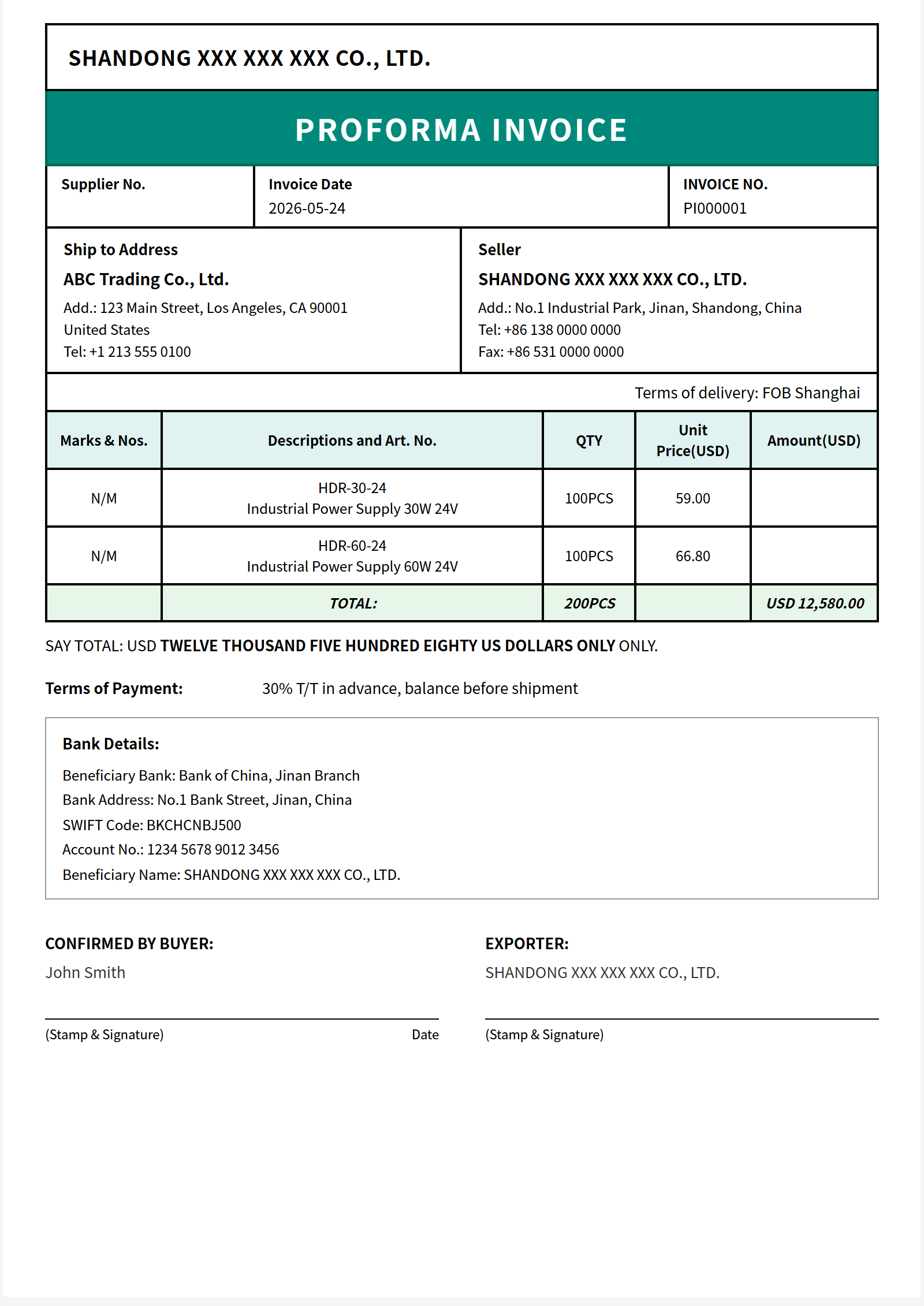 简约边框 Proforma Invoice 模板大图预览